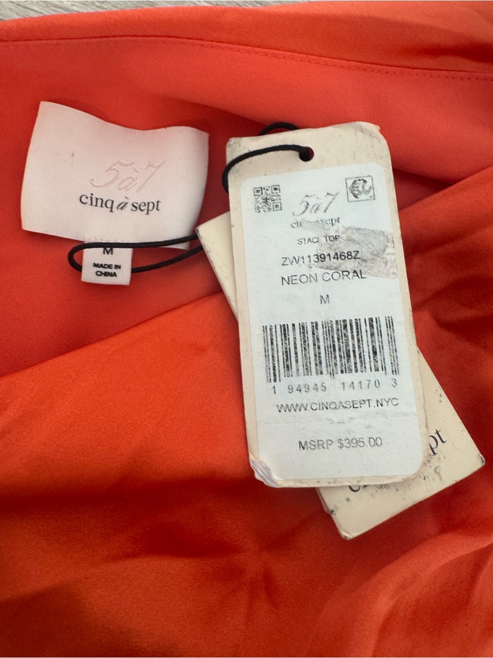 Cinq a Sept One Sleeve Silk Top Neon Coral Asymmetrical Hem Twist Front NWT Med - Picture 11 of 12